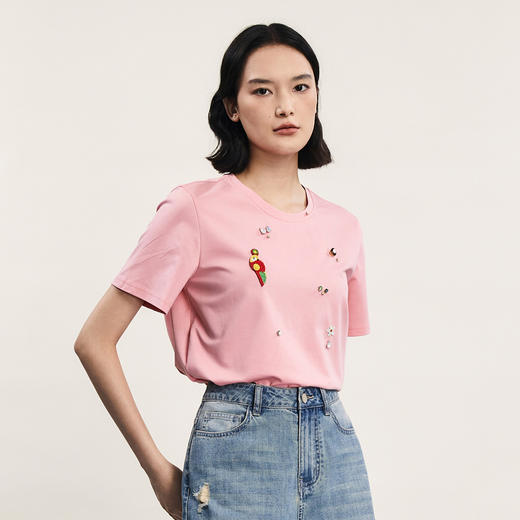 谜底圆领T恤短袖女2024年夏季新品趣味手工钉珠宽松上衣242MT0521 商品图1