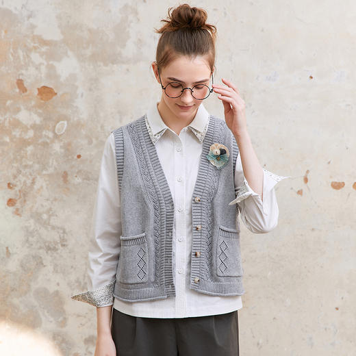 famecoco范可儿全棉针织马甲女士v领无袖保暖马夹FAC1CA013 商品图1