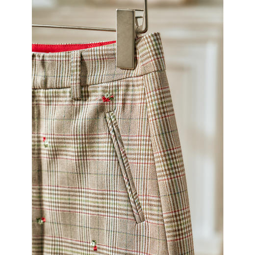 欧芮儿春装款女装格子短裤女高腰刺绣阔腿裤休闲短裤口袋女裤 商品图2