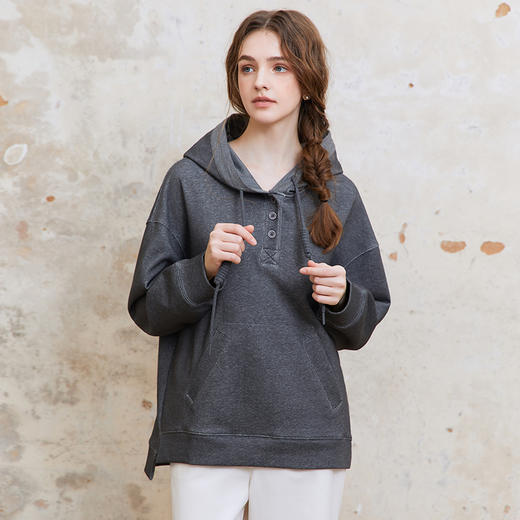 famecoco范可儿连帽落肩休闲卫衣女士前短后长上衣FAC1BL001 商品图2