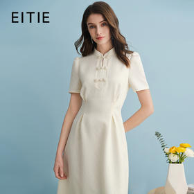 EITIE爱特爱新中式对襟珍珠盘扣收腰显瘦白色连衣裙夏季新款B2407306