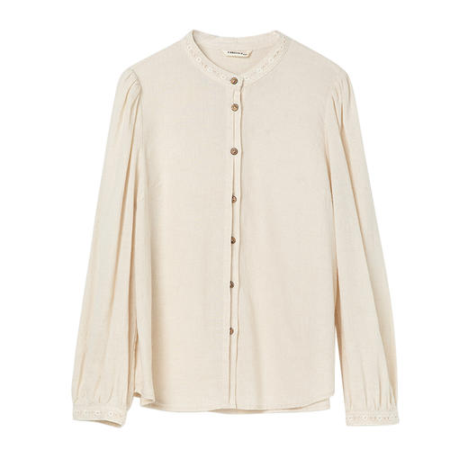 Famecoco范可儿亚麻混纺立领衬衫女长袖拼接花边衬衣FAC1BH007 商品图5