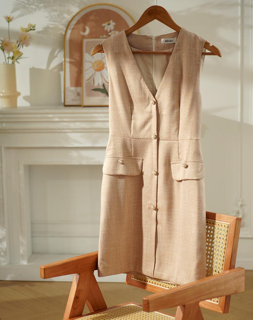 欧芮儿春新款无袖V领格子连衣裙女中长款气质收腰显瘦A字裙 商品图1