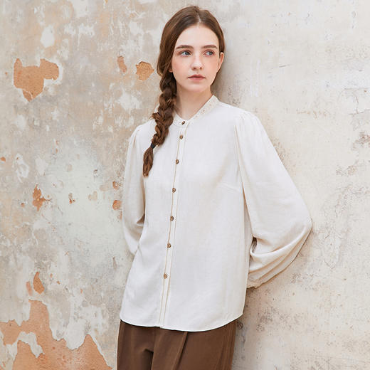 Famecoco范可儿亚麻混纺立领衬衫女长袖拼接花边衬衣FAC1BH007 商品图1