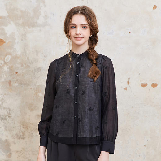 famecoco范可儿重工刺绣立领衬衫女长袖绣花气质衬衣FAC1BH013 商品图4