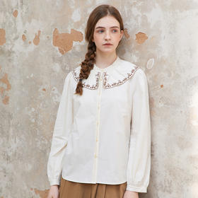 Famecoco范可儿花边娃娃领衬衫女士刺绣正肩甜美衬衣FAC1BH028
