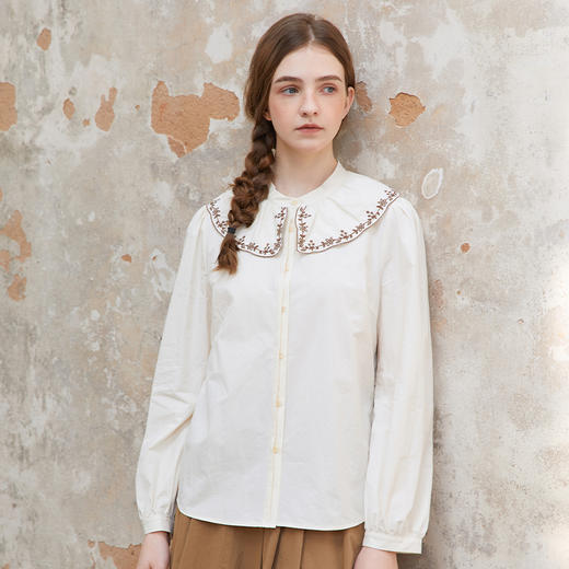 Famecoco范可儿花边娃娃领衬衫女士刺绣正肩甜美衬衣FAC1BH028 商品图0