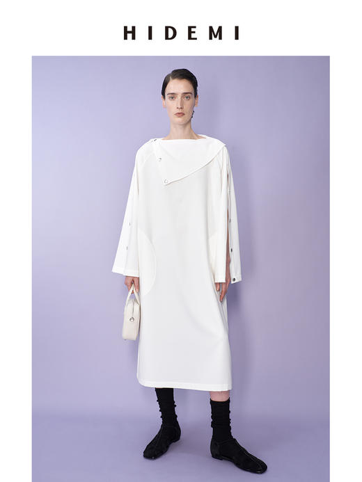 HIDEMI 极简设计感不对称撞钉扣多穿式白色垂顺感连衣裙 商品图0