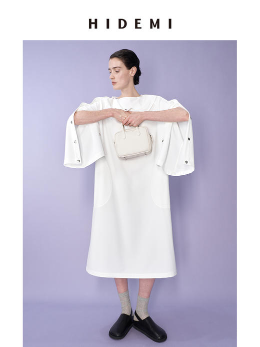 HIDEMI 极简设计感不对称撞钉扣多穿式白色垂顺感连衣裙 商品图5