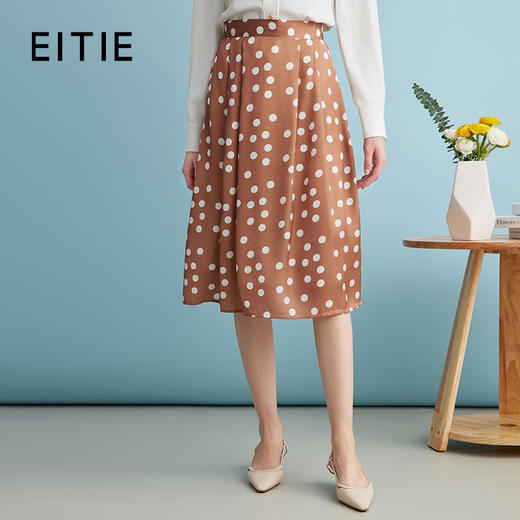 EITIE爱特爱时尚卡其色高腰复古波点a字压褶半身裙夏季新款B2406316 商品图0