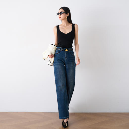 OLrain欧芮儿法式蓝色牛仔裤女早春2023年新款高腰直筒阔腿长裤 商品图2