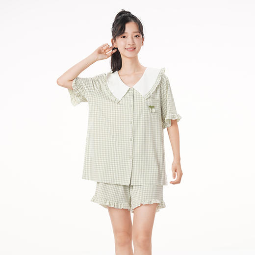 都市丽人生活家居春夏睡衣女针织人棉提花家居服薄款短袖短裤女士针织套装LH41C3 商品图1