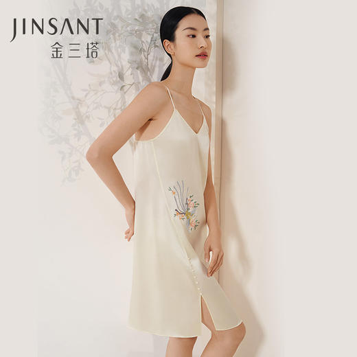 【凤穿牡丹】金三塔重磅真丝睡裙女100%桑蚕丝新中式刺绣宽松吊带裙  YSFEB304 商品图0