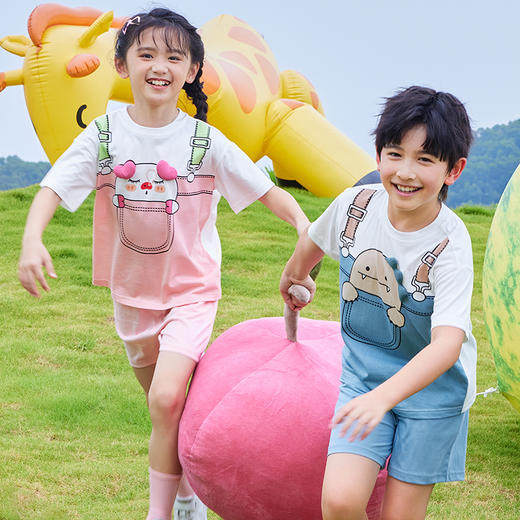 都市丽人眯雅佳生活家居春夏睡衣男女童32支纯棉单面家居服薄款短袖短裤童装棉质套装JH42A5 商品图1