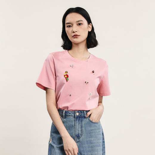 谜底圆领T恤短袖女2024年夏季新品趣味手工钉珠宽松上衣242MT0521 商品图0