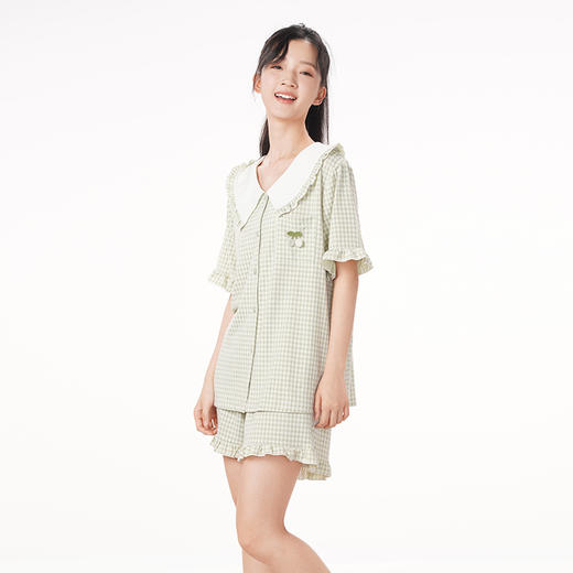 都市丽人生活家居春夏睡衣女针织人棉提花家居服薄款短袖短裤女士针织套装LH41C3 商品图2