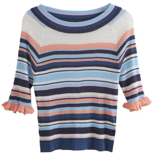 欧芮儿年新款七分袖一字领彩虹毛针织衫女套头修身上衣 商品图3