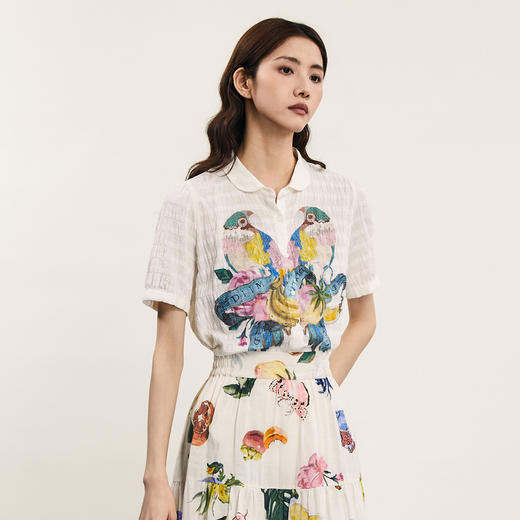 谜底主题印花衬衫短袖女2024年夏季新品通勤风提花衬衣242MC0538 商品图1