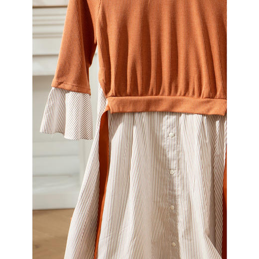 欧芮儿春假两件连衣裙女中长款收腰弹力针织上衣连衣裙针织条纹喇叭袖裙子 商品图2