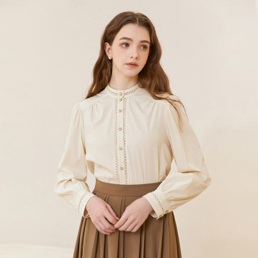 famecoco立领正肩设计感白衬衫女士优雅小众开身衬衣FAC1BH023 商品图2