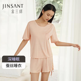 【深睡眠蚕丝睡衣】100%桑蚕丝女真丝针织家居服女短袖衣裤套金三塔  YZFEA402