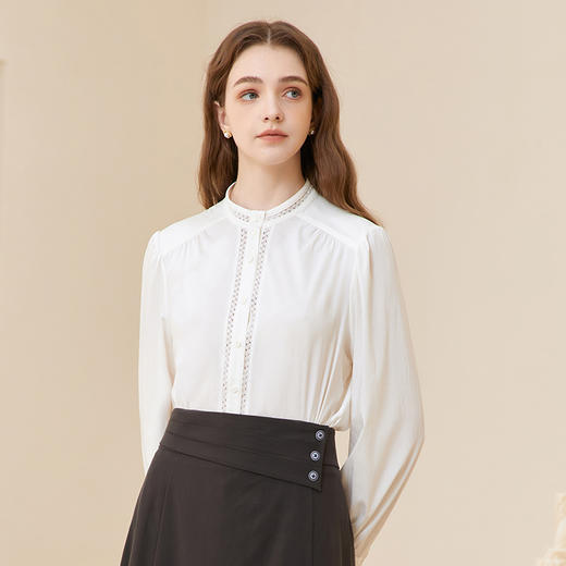 famecoco立领正肩设计感白衬衫女士优雅小众开身衬衣FAC1BH023 商品图1