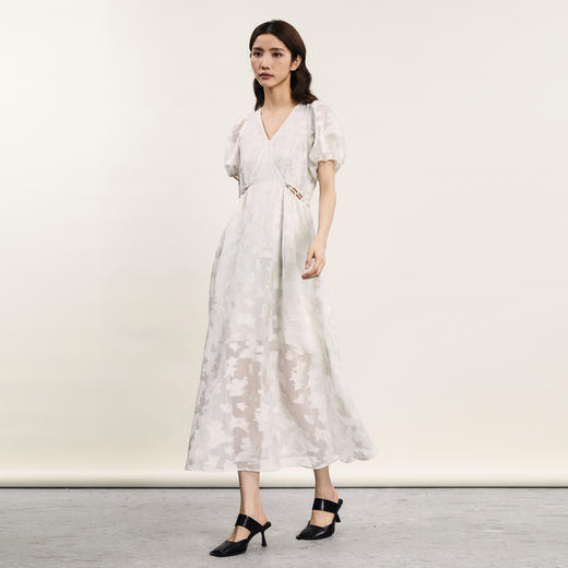 谜底提花长款连衣裙短袖2024年夏新品宫廷风V领收腰裙子242GL0524 商品图1