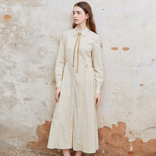 Famecoco范可儿捏褶长袖衬衫裙女士过膝长款连衣裙FAC1FA023 商品图1