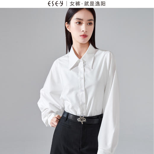 逸阳2024春秋新款衬衫女宽松纯色可调节两穿白色中长款衬衣3318 商品图3