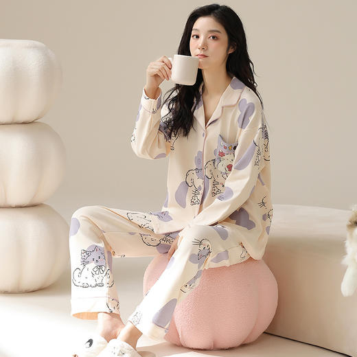可人儿春秋季2024新款纯棉睡衣女韩版开衫长袖可外穿家居服套装 商品图0