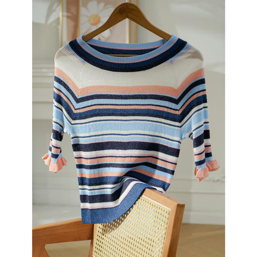 欧芮儿年新款七分袖一字领彩虹毛针织衫女套头修身上衣 商品图0