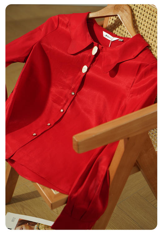 欧芮儿春新款娃娃领长袖红色衬衫女修身洋气百搭休闲上衣 商品图1