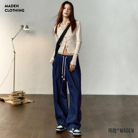 马登冰丝牛仔裤凉感薄款直筒裤小个子松紧腰抽绳天丝宽松春长裤女