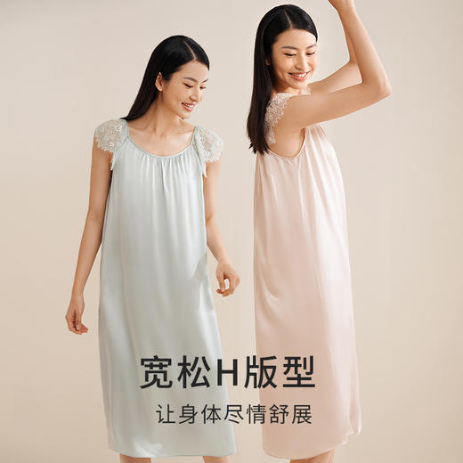 金三塔真丝睡裙女100%桑蚕丝宽松圆领蕾丝拼接可外穿家居服睡衣  YSFEB305 商品图2