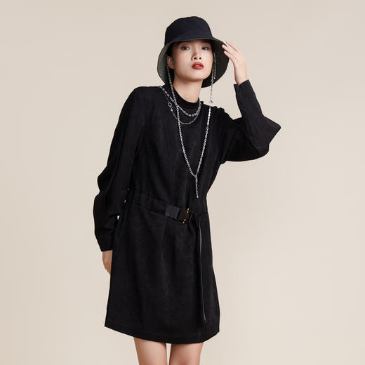 MIIDII谜底2022春款高端系列质感H型收腰圆领长袖连衣裙221GL0183 商品图2