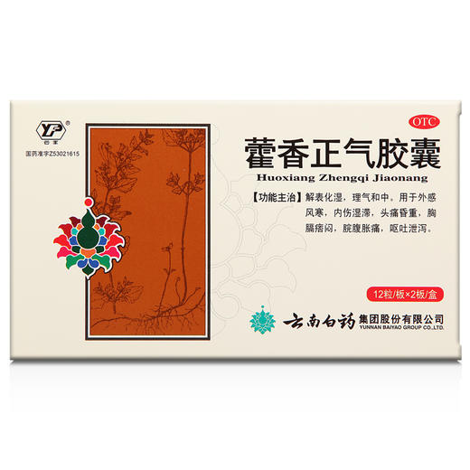 【官方正品】云南白药云丰藿香正气胶囊0.3g*12粒/板*2板/盒 解表化湿理气和中 商品图1