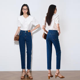 OLrain欧芮儿法式深色牛仔裤女夏季2023年新款高腰弹力直筒九分裤