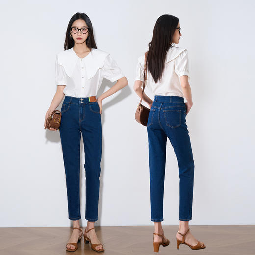 OLrain欧芮儿法式深色牛仔裤女夏季2023年新款高腰弹力直筒九分裤 商品图0