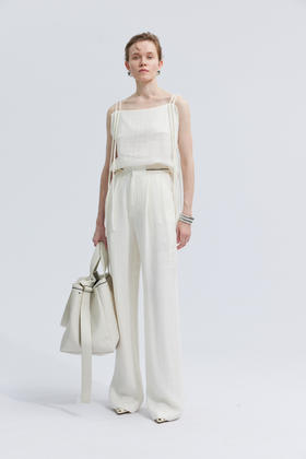 麻感腰头外露阔腿裤