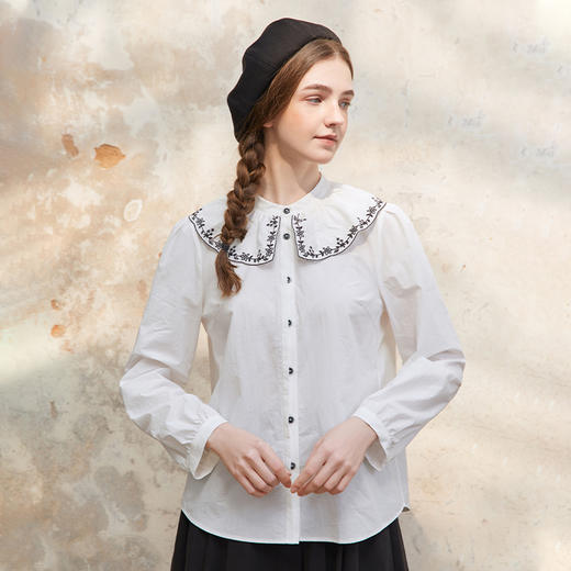 Famecoco范可儿花边娃娃领衬衫女士刺绣正肩甜美衬衣FAC1BH028 商品图3