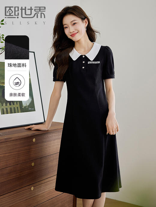 【五折购】熙世界学院风娃娃领短袖连衣裙女2025夏季新款减龄收腰赫本小黑裙 商品图0