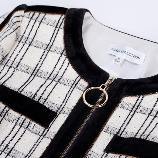 MC108斯尔丽两件套时尚格纹袖口毛边设计小香风拉链女式套装 商品图4