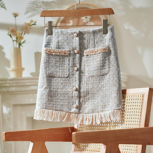 欧芮儿年春新款高腰显瘦小香风半身裙女气质百搭流苏短裙 商品图0