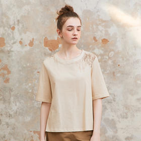 Famecoco复古双色蜡染全棉t恤女植物印花五分袖上衣FAC1BB005