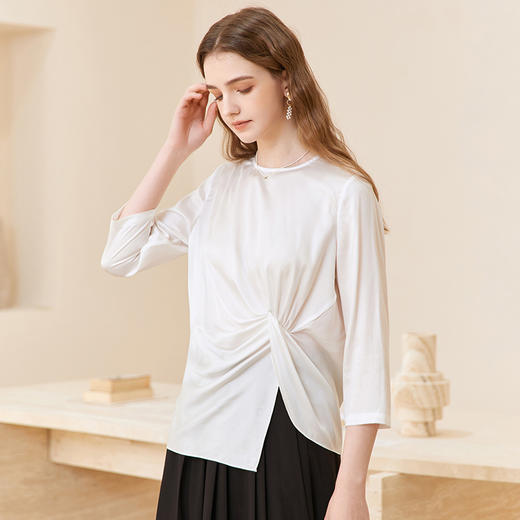 Famecoco天丝垂感t恤女士七分袖垂感不规则内搭上衣FAC1BK005 商品图1