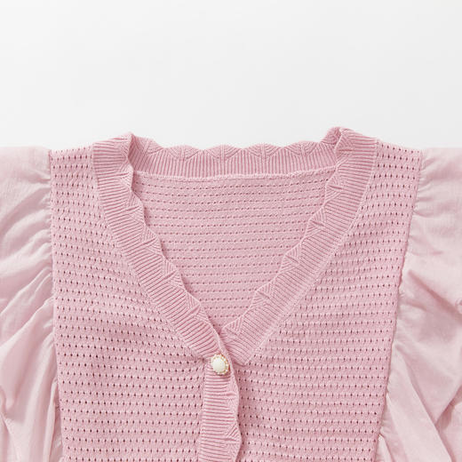 西遇V领针织开衫女早新款甜美法式拼接荷叶边长袖短上衣11521189 商品图5