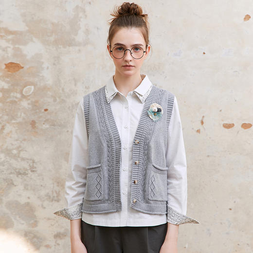 famecoco范可儿全棉针织马甲女士v领无袖保暖马夹FAC1CA013 商品图0