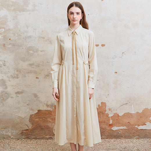 Famecoco范可儿捏褶长袖衬衫裙女士过膝长款连衣裙FAC1FA023 商品图0