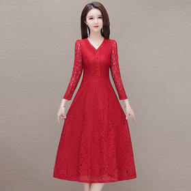 过膝中长款修身内搭，优雅镂空蕾丝连衣裙QYM-AH-24A2146-L