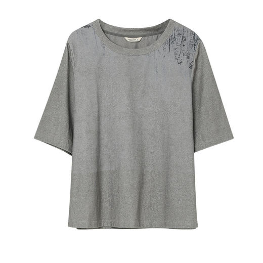 Famecoco复古双色蜡染全棉t恤女植物印花五分袖上衣FAC1BB005 商品图7